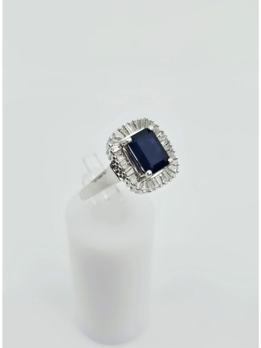 Effy 14K Solid White Gold Blue Sapphire & Baguette Diamonds Halo Ring - Size 7
